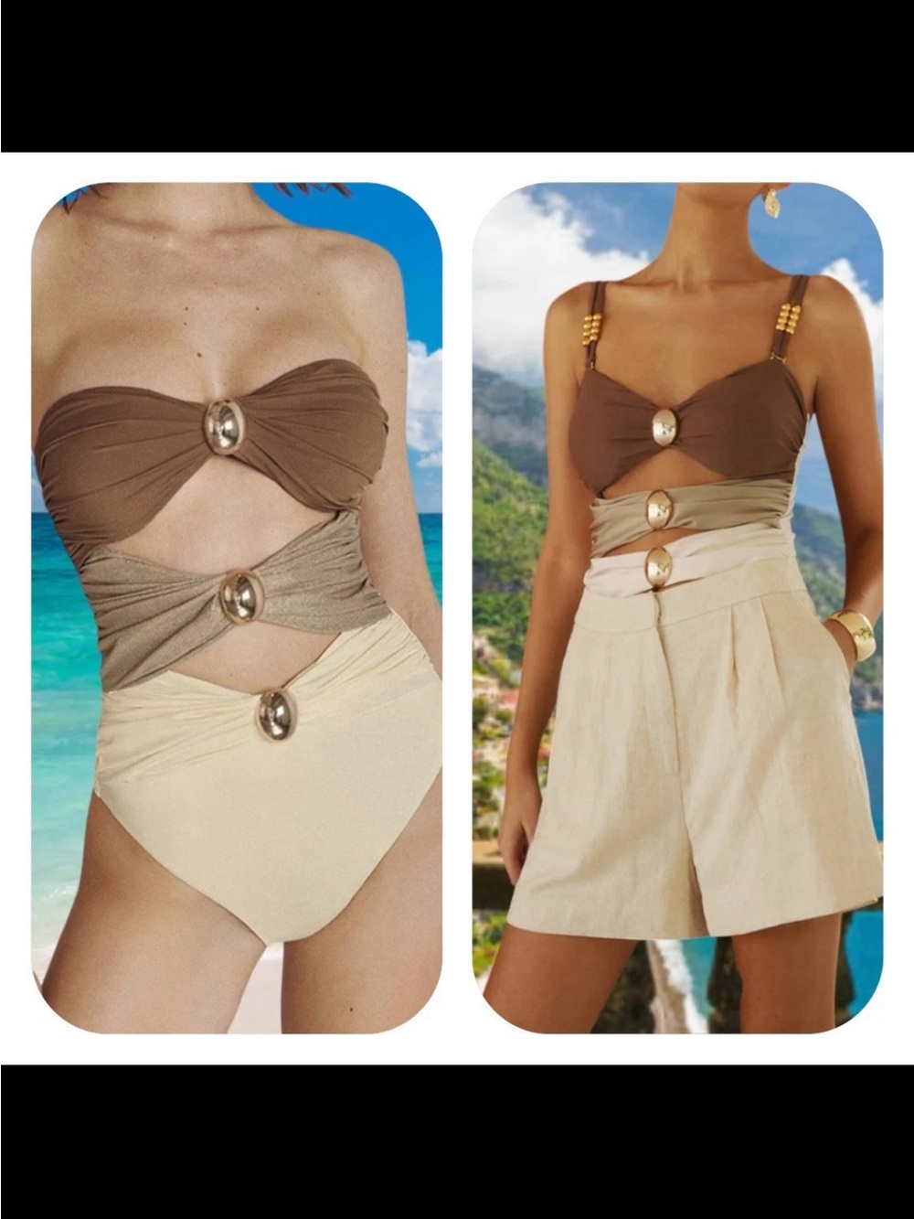 Neutral Brown Three-Tone Color Blocking Cutout One-Piece Swimsuit Gold Accents